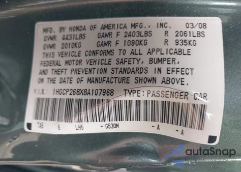 2008 Honda Accord 2.4 Ex-L z USA, uszkodzony, nr VIN 1HGCP268X8A107968